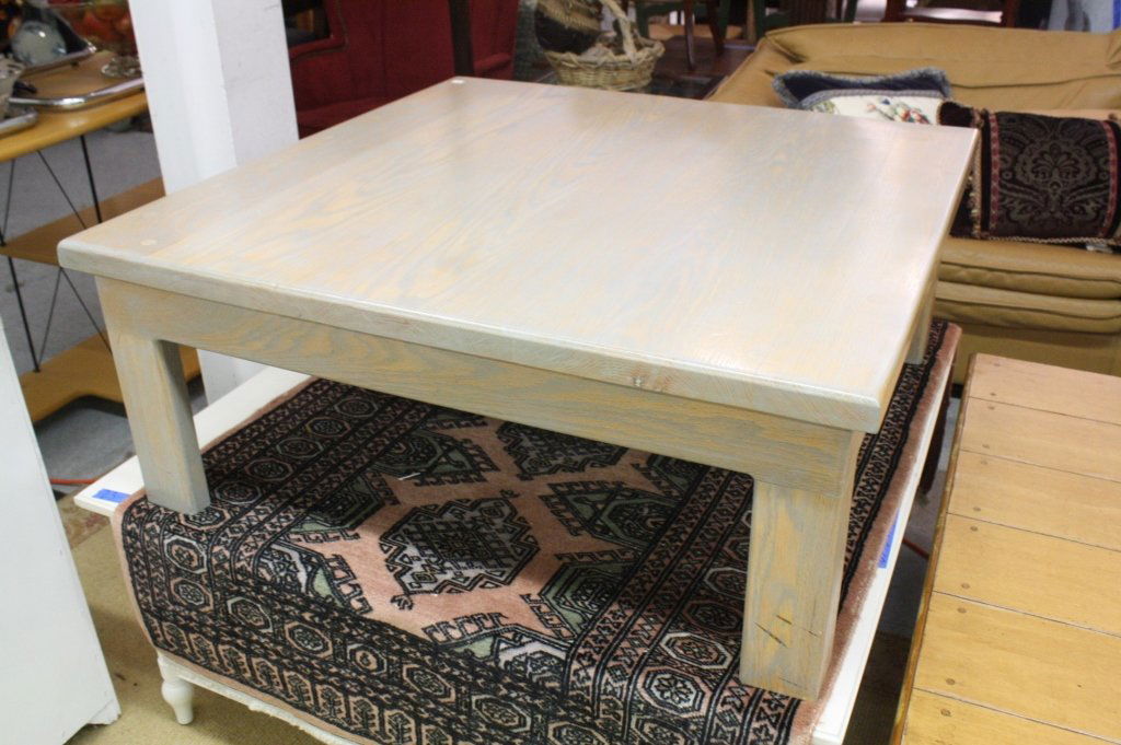 Vintage Pine Pickled Square Coffee Table: Substantial frame measures 15h x 38 square.