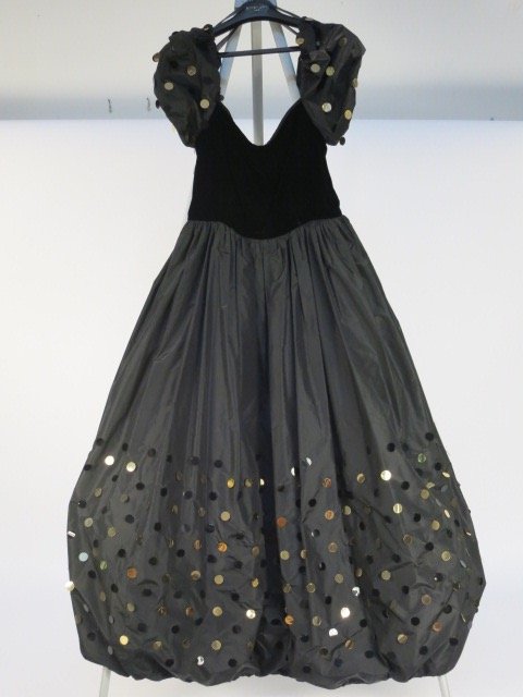 Designer LILLIE RUBIN Vintage Black Gown: Designer LILLIE RUBIN vintage black floor length gown with puffy short sleeves sewn with gold and black circle sequins, black velvet top part of dress and bottom half matching the sleeve design, light