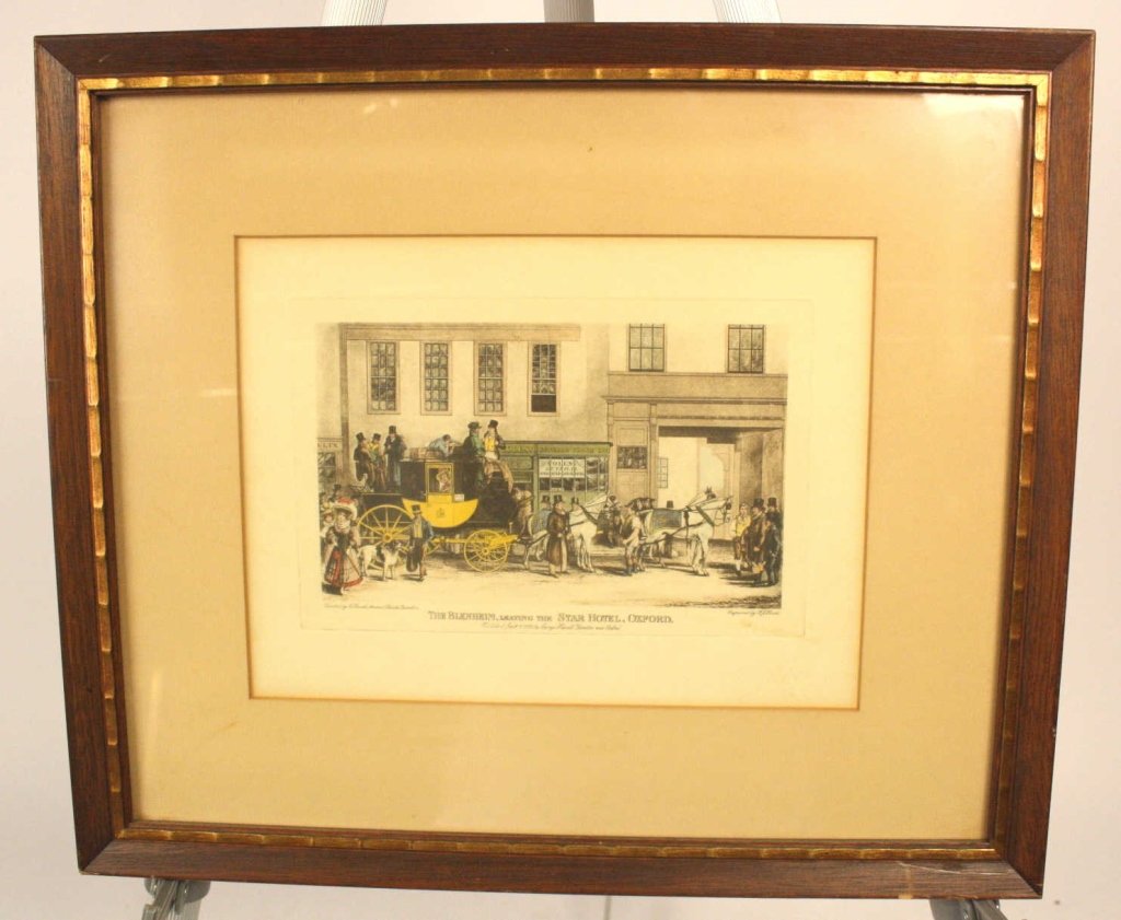 The Blendheim Signed Engraving F.J. HAVELL: Titled The Blendheim, Leaving the Star Hotel, Oxford, Published January 1, 1831 by George Havell, Yarnton near Oxford, carved wood frame with gold painted accents, professionally framed and matted, me