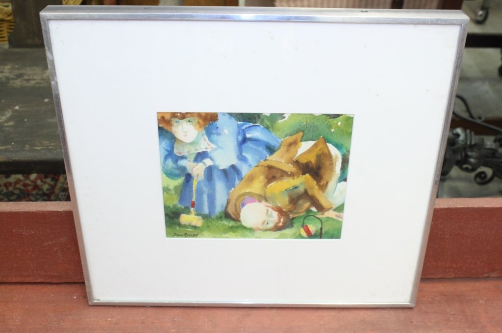 Sticky Wicket DONN RUSSELL Croquet Watercolor: Donn Russell croquet watercolor scene, measures 15H X 16.5W, purchased Main St. Gallery, Nantucket Mass. property of Waccabuc Estate