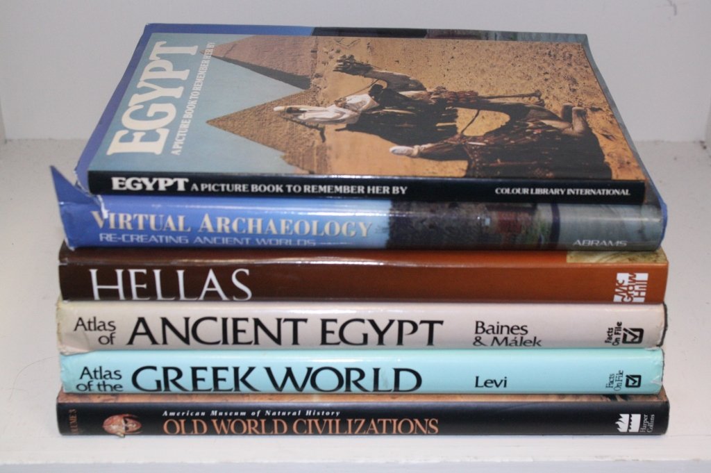 Egypt Greece Ancient Theme Group Lot of 6 Books: Egypt A Picture Book to Remember Her By, Virtual Archaeology Re-Creating Ancient Worlds, Hellas, Old World Civilizations The Rise of Cities and States, Atlas of Ancient Egypt, Atlas of the Greek World
