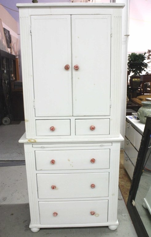 White Girls Tall Dresser with Media Cabinet: Rosette knobs and bun feet. 68h x 30w x 18d