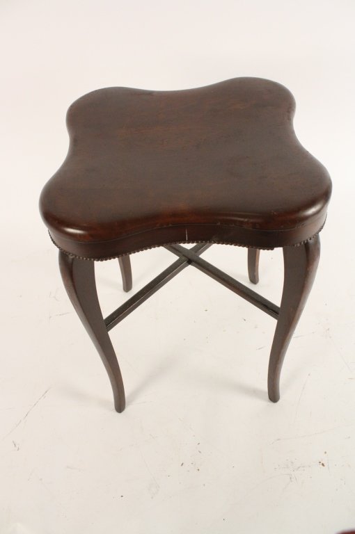 Vintage Wood Stool FFF: Vintage wood stool, marked FFF, measuring in inches 19.5H X 44W.