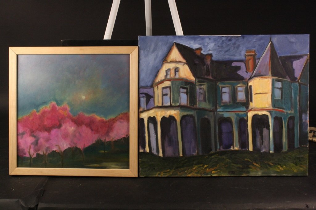 Group lot 5 original artworks oils needlepoint: one needlepoint of norman rockwell cover, one victorian house on canvas, measures 20 by 25 inches, one pink trees framed, one nude on board, one thailand tapestry framed.