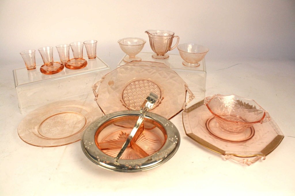 Group Lot of Pink Depression Glass: Includes cups, glasses, bowls, creamer, divided platter marked Farberware Brooklyn, NY, largest platter measures 12 inches by 11 inches