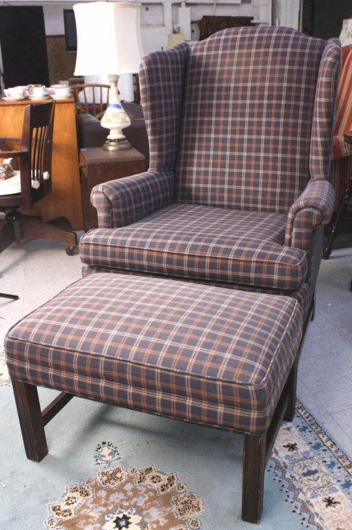 Plaid Chippendale Wing Chair w. Ottoman (1 of 6)