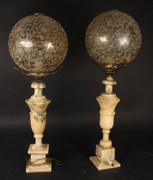 Pair of Carved Marble Lamps with Globe Lights (1 of 10)