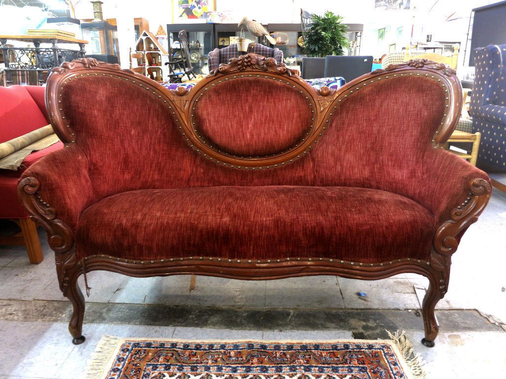 Velvet Upholstered Carved Victorian Antique Sofa (1 of 7)