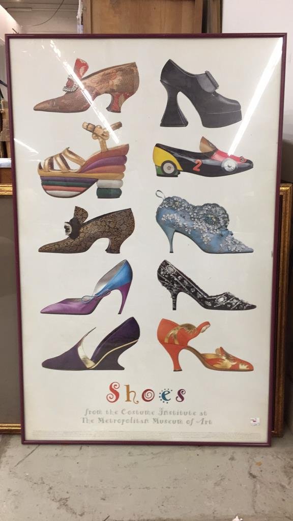 Poster of Shoes: 10 different shoes, cool designs, from the Costume Institute at the Metropolitan Museum of Art, purple painted metal frame, measures 22 inches wide by 34 inches