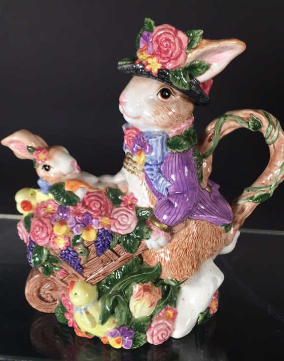 FITZ and FLOYD Bunny Rabbit Tea Pot: Measures 11 inches tall x 10w x 6d. Bunny with baby bunny and duck in wheel barrow. Top hat detaches. Signed and marked.