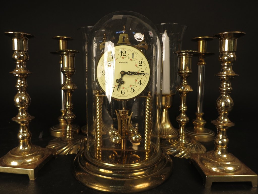 Group 4 prs candlesticks 1 clock brass (1 of 10)