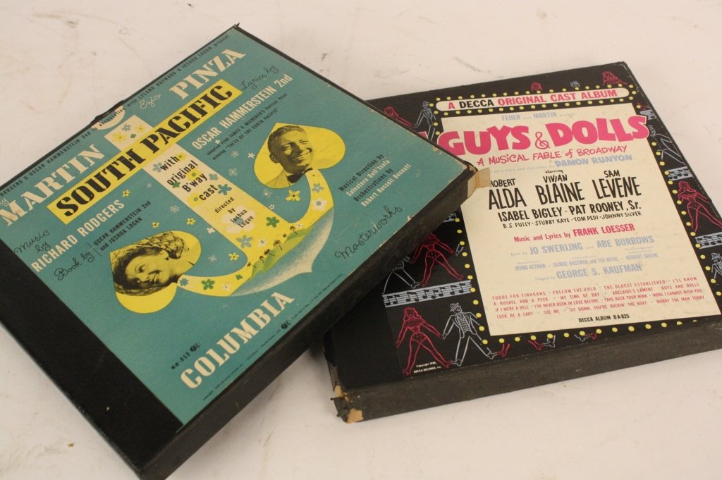 TWO box Sets Original Broadway Cast Albums: GUYS & DOLLS Robert Alda, Vivian Blaine, Sam Levene Box set copyright 1950. Richard Rodgers and Oscar Hammerstein SOUTH PACIFIC Box set with Mary Martin and Ezio Pinza copyright 1949.