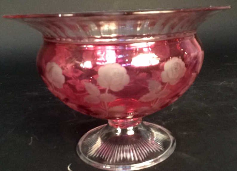 Vintage Etched Frosted Cranberry Glass Footed Bowl (1 of 10)