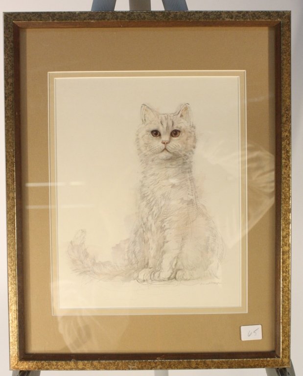 Pen Ink and Pencil Drawing of Seated Cat: SIgned ilegibly, professionally framed and matted. Measures app 15 inches by 12 inches.
