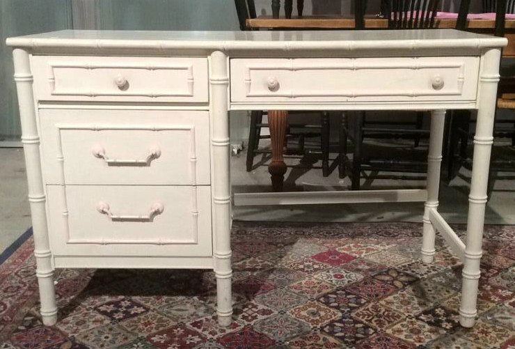 Vintage Thomasville Wood White & Pink Painted Desk: White wood painted desk with pink painted accents Thomasville marked in upper left drawer, three left side drawers one right side long top drawer, measuring in inches 19x46x30.(LxWxH) PO Greenwich Est