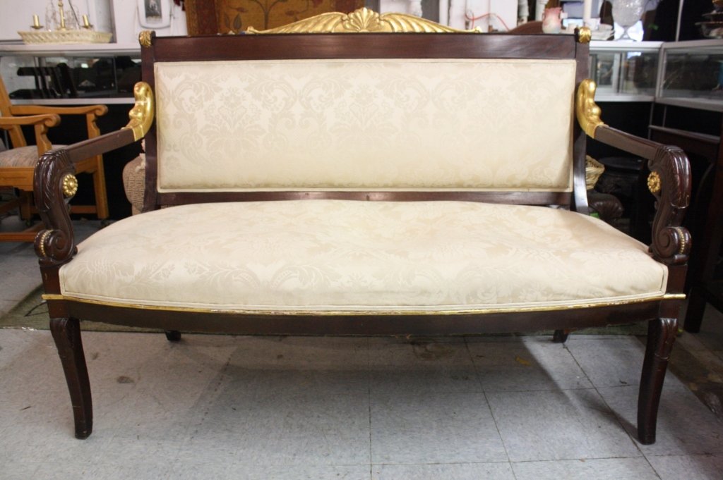 Empire Gilt Swan Arm Settee: measures in inches 38T X 56W X 27D
