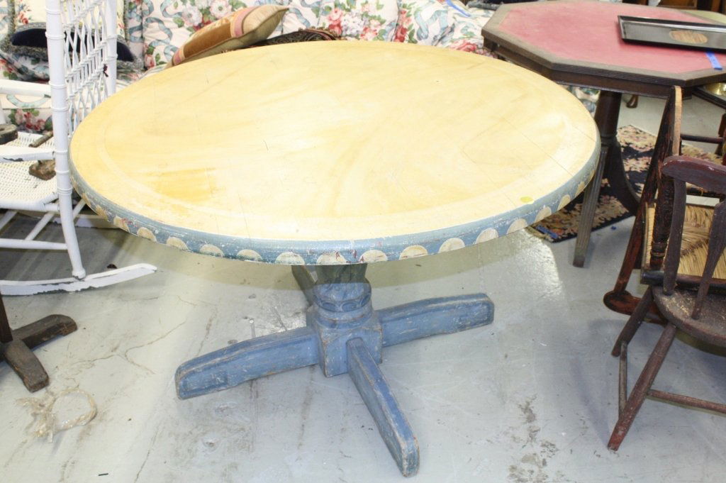 Vintage Hand Painted Wood Pedestal Dining Table: Original blue and yellow paint, circular pedestal style, measures 50D X 30H, property of a Waccabuc horse farm Estate, wood