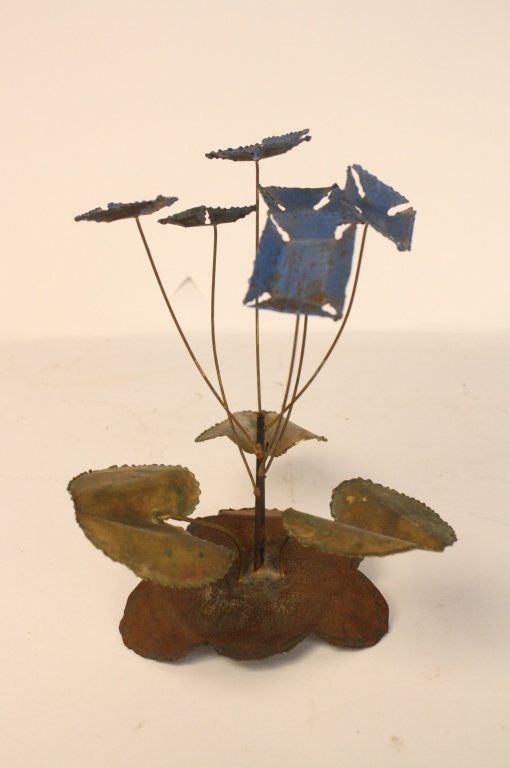 Brutalist vintage metal sculpture: Lillys and lilly pads metal sculpture .Measures 7 inches by 11 inches.