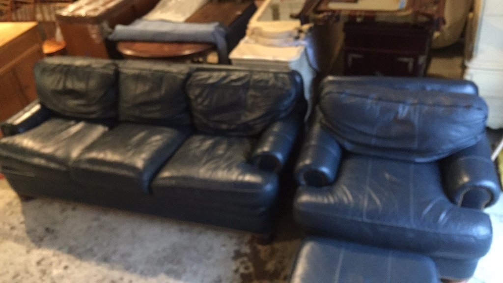 HANDCOCK & MOORE armchair ottoman & couch: Roll arm, Brass nailheads with bun feet. Couch easures 31h x 86w x 36.
