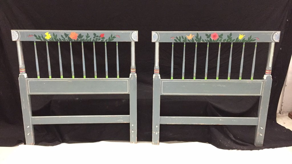 Pair Hand Painted twin headboards: Floral motif with spindles.41h x 40w x 2d.