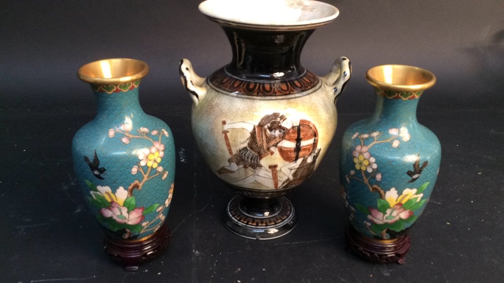 Pair cloisonné vases and pottery (1 of 10)