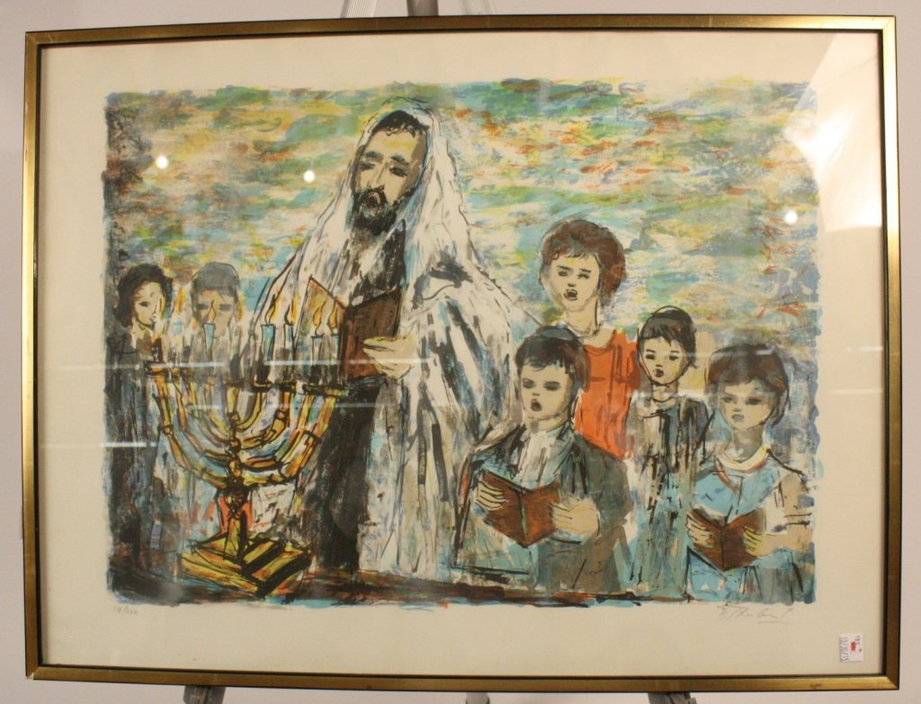 Artwork Depicting Hanukah Scene Illegibly Signed: Hanukah scene, family lighting the menorah, signed bottom right, numbered 118 of 200, gold and black painted metal frame, professionally framed and matted, measures 26 inches wide by 20 inches tall