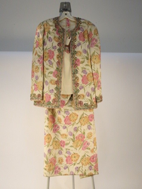 Vintage Designer HONOL 3 Piece Gown: Vintage designer HONOL 3 piece gown, apparently no label, estimated size 8-10, cream colored top with pink and teal straps with gold accents and floral decorative breading at the top light ware, floor