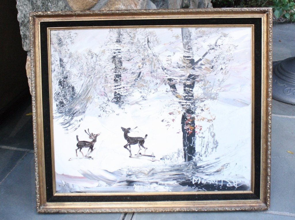 MORRIS KATZ Oil on Canvas Winter Scene: Signed Morris Katz deer in the forest snowy winter scene hand carved and gilded winter frame measures height 24by 28 inches wide