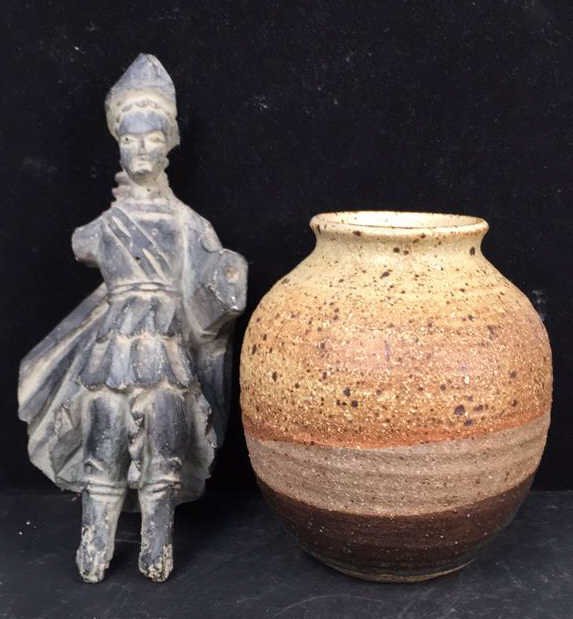 Pottery Asian Figure and pottery signed pot (1 of 8)