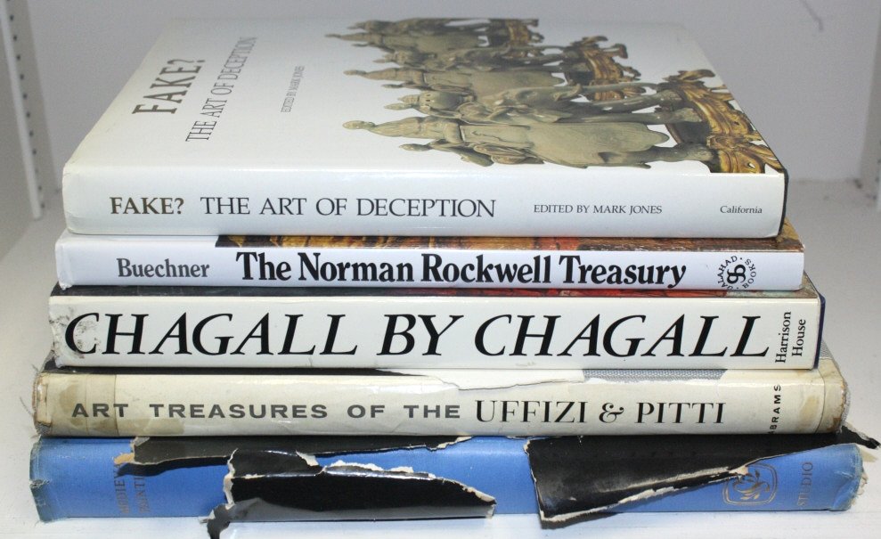 Lot of 5 Hardcover Art Books: Fake? The art of Deception, The Norman Rockwell Treasury, Chagall by Chagall, Art Treasures of the Uffizi & Pitti, Medieval Painting.