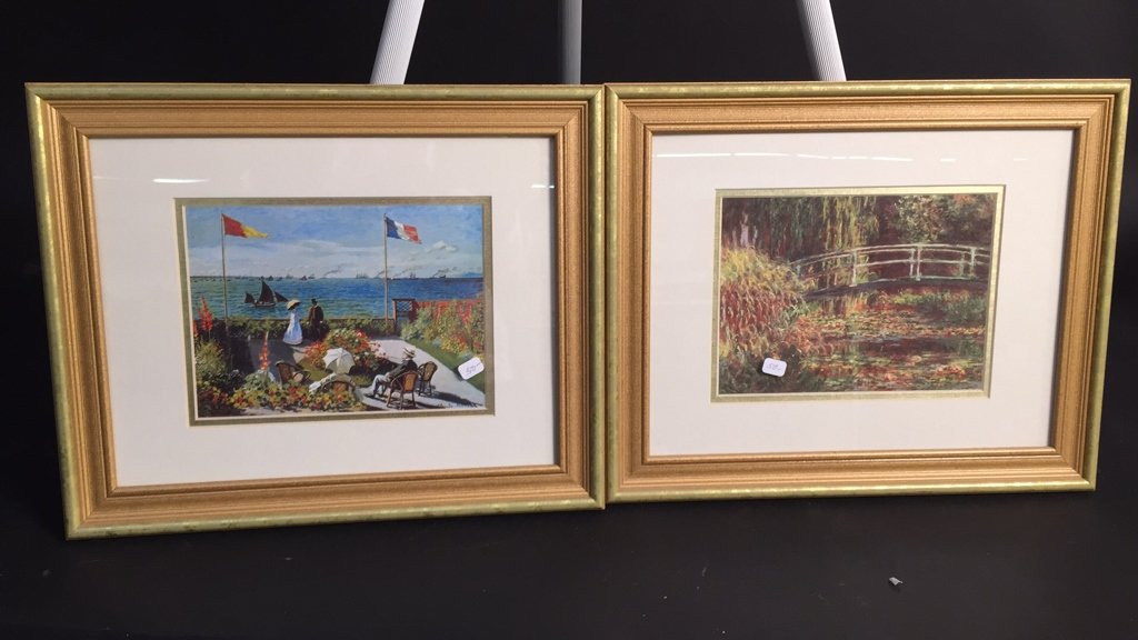 Pair of Prints in Matching Gold Frames: Pair of prints, one a Monet print, bridge over river in the forest, one man and woman in garden overlooking ocean, both professionally framed and matted, carved wood gold painted frame