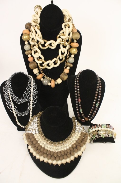 Vintage Necklace and Bracelet Group Lot: vintage opalescent pewter bead necklace, faux pearl necklace, RANNA GILL ornate beaded and rhinestone color necklace measures 3 inches width, colored stone necklace, large bone and gold link necklace,