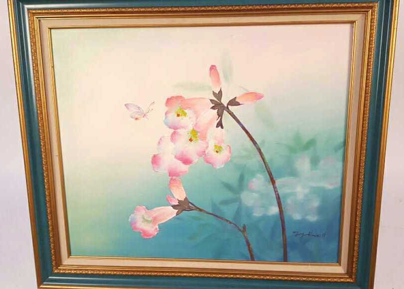 JAY HOWELL Floral Scene: Signed Jay Howell floral scene, acrylic on canvas, signed bottom right, decoratively carved wood frame with good trim, professionally framed and matted, measures 23w by 26h