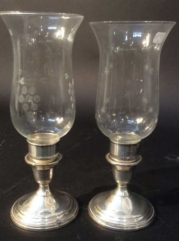 pair Sterling silver candlesticks  etched glass (1 of 8)