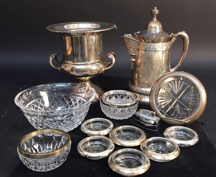 Group Lot Crystal and Silver Plate: Silver rimmed unsigned Crystal bowls and coasters. Wine coaster, FB ROGERS SILVER CO champagne cooler and Derby Silver Co etched and engraved tea, coffee or water pitcher with hinge lid. One RONSIN li