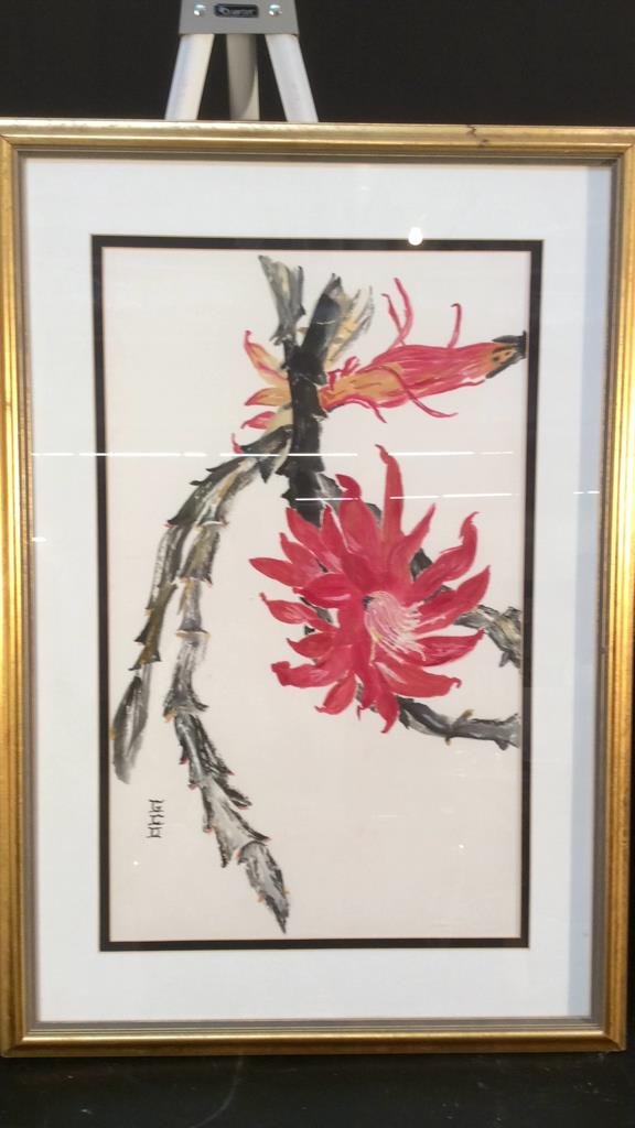 Gloria C Doyle Chinese water color: provenance Hammond Museum, Westchester artist scene of Christmas cactus measures 32 by 22