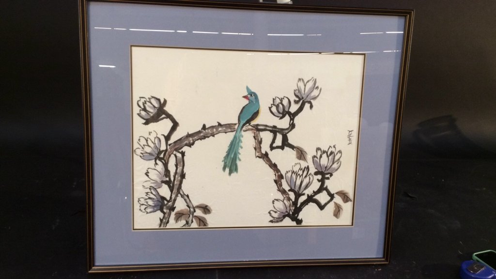 Gloria C Doyle Chinese Watercolor: westchester artist has exhibited at Hammond Museum . Scene depicts blue bird a lit on branch . Some wrinkles to paper, matted and framed. Measures app 21 by 24 inches