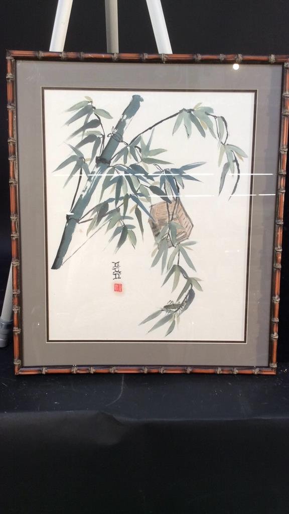 Gloria C Doyle Chinese Watercolor: works displayed Hammond museum Westchester artist . Signed professionally framed bamboo style and matted. Scene of branches Chinese lantern and insect. Measures app 24.5 by 21 inches. Stamped