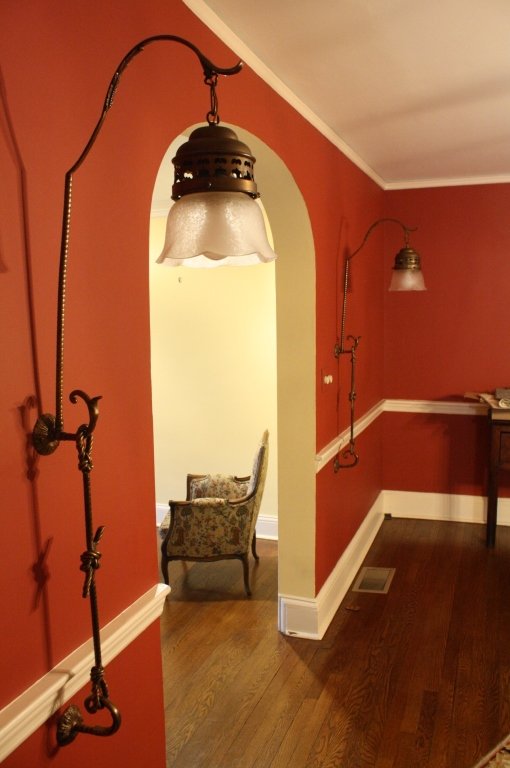 Pair Antique Tall Metal Sconces w Frosted Globes (1 of 6)