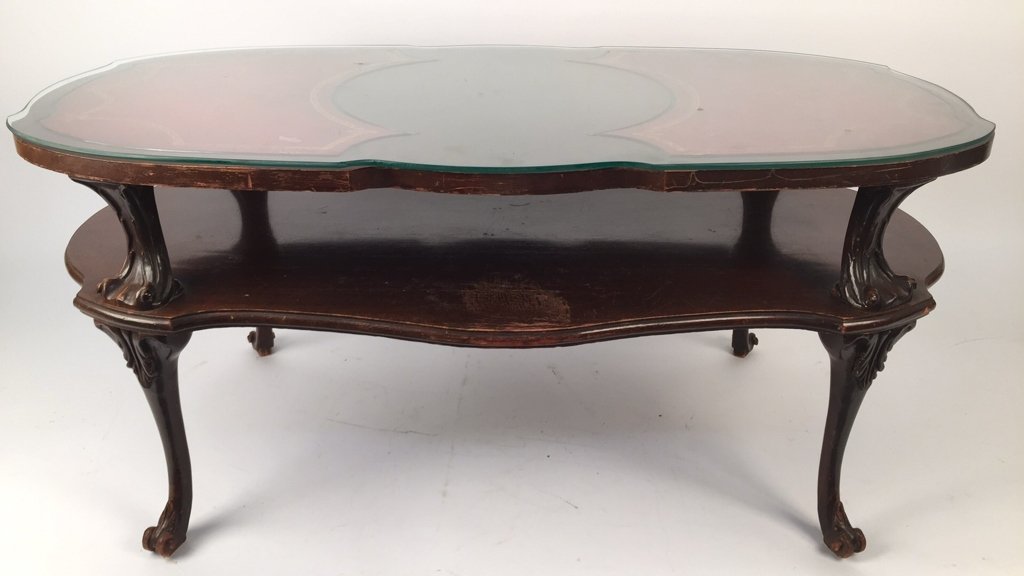 Two tiered red leather inset coffee table (1 of 5)