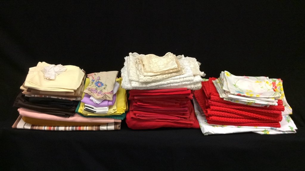 Vintage Table Cloths Mats & Napkins Color Mix: Vintage Table Cloths Mats & Napkins Color Mix includes 5 table cloths (red solid, peach solid, white with flowers, mustard solid, 70's neutral tones geometric), place mats included are two styles of r