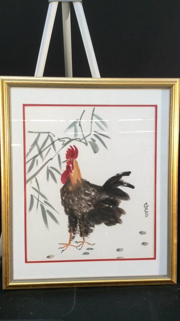 Gloria C Doyle Chinese Watercolor: Westchester artist with works at Hammond museum, painted scene of rooster. Professionally framed and matted. Gold leafed. Measures app 26 by 22 inches