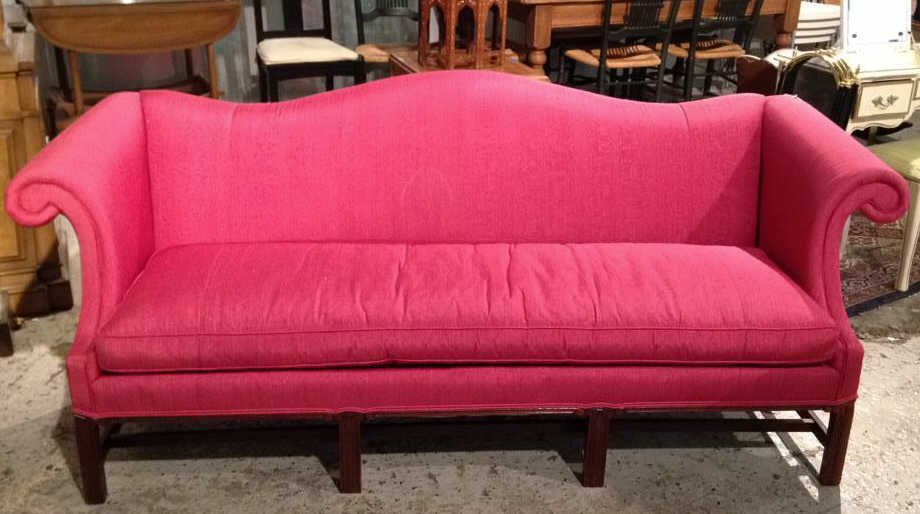 Vintage HICKORY CHAIR COMPANY Sofa Seat: Vintage sofa seat in dark blush color fabric with seat cushion stuffed with grey duck down and grey duck feathers, dark wood legs and bottom frame structure, has the do not remove tag still attached -