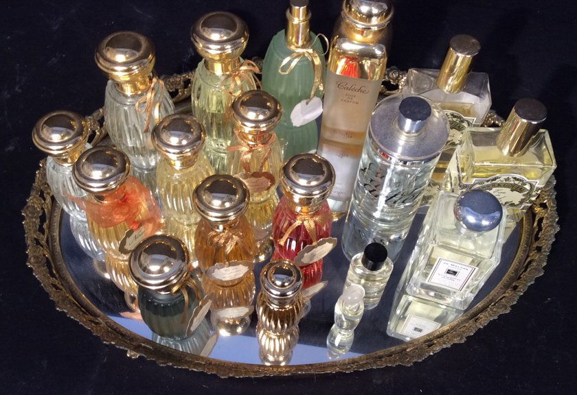 Perfume, perfume bottle collection, antique tray (1 of 9)