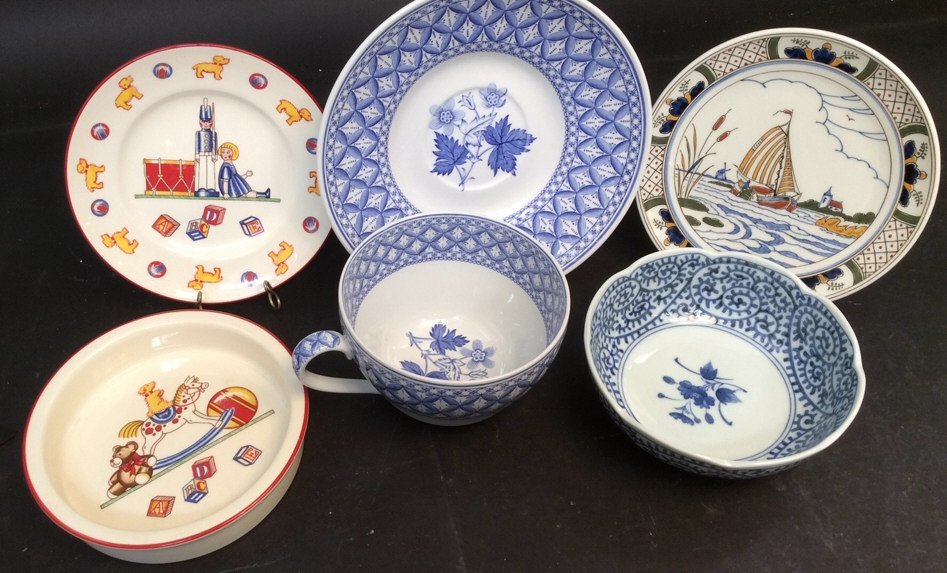 Tiffany, Spode, group lot China: group includes Tiffany plate and bowl in ironstone made in England Toys pattern plate measures 7 inch diameter, Spode large cup 6 inch diam , plate labeled koninklijke anno signed trademarked, and Asi