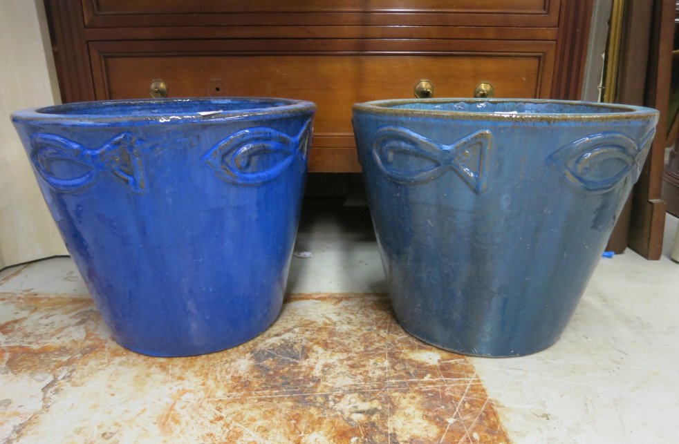 Set of Blue Ceramic Glazed Planters Fish Motif (1 of 1)