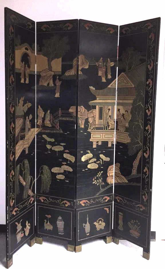 Antique Chinese Coromandel 4 Panel Lacquer Screen