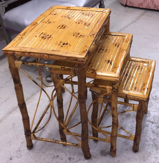 Set of Bent Bamboo Style Nesting Tables: Property of lower Westchester Estate. Largest Measures 26-1/2h x 24 x 15