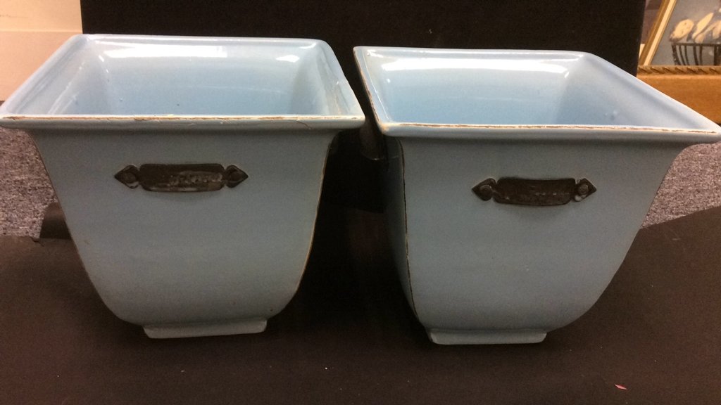 Pair Aqua Blue Glazed Planters (1 of 5)