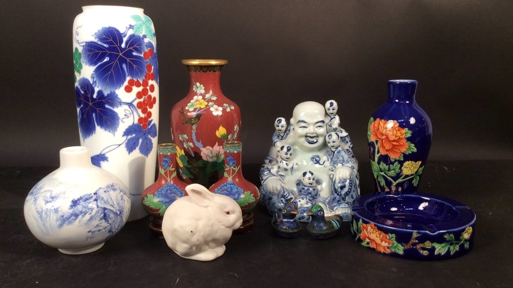 Signed Asian enamel and porcelain cloisonné group (1 of 10)
